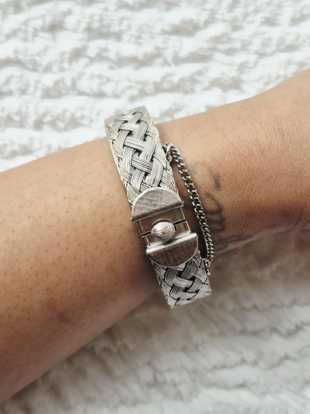 Vintage Silver Tone Woven Braided Cuff Bracelet